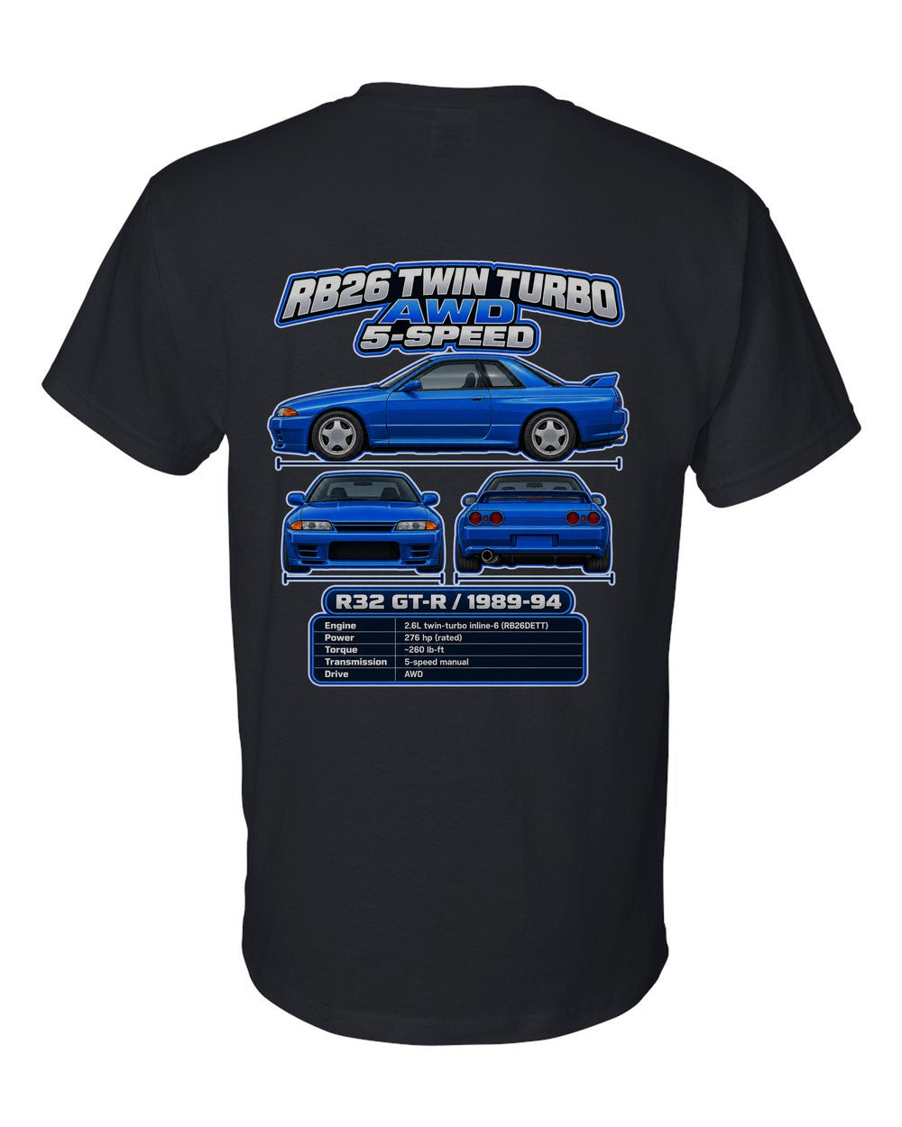 Nissan Skyline Gt R R32 spec sheet black t-shirt back view with the design