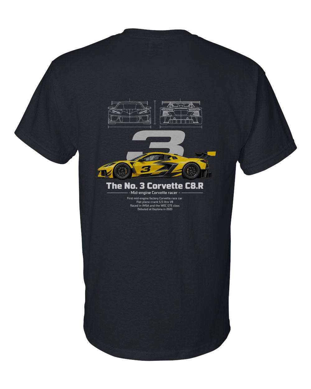 No. 3 Corvette C8.R black t-shirt back view with the design