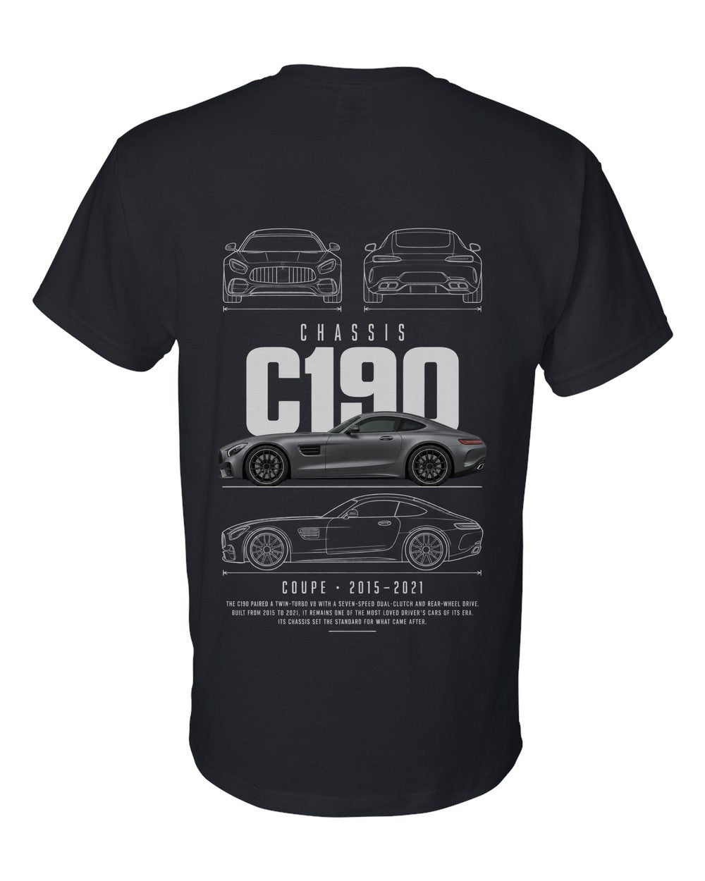 C190 full-back artwork black t-shirt back view with the design