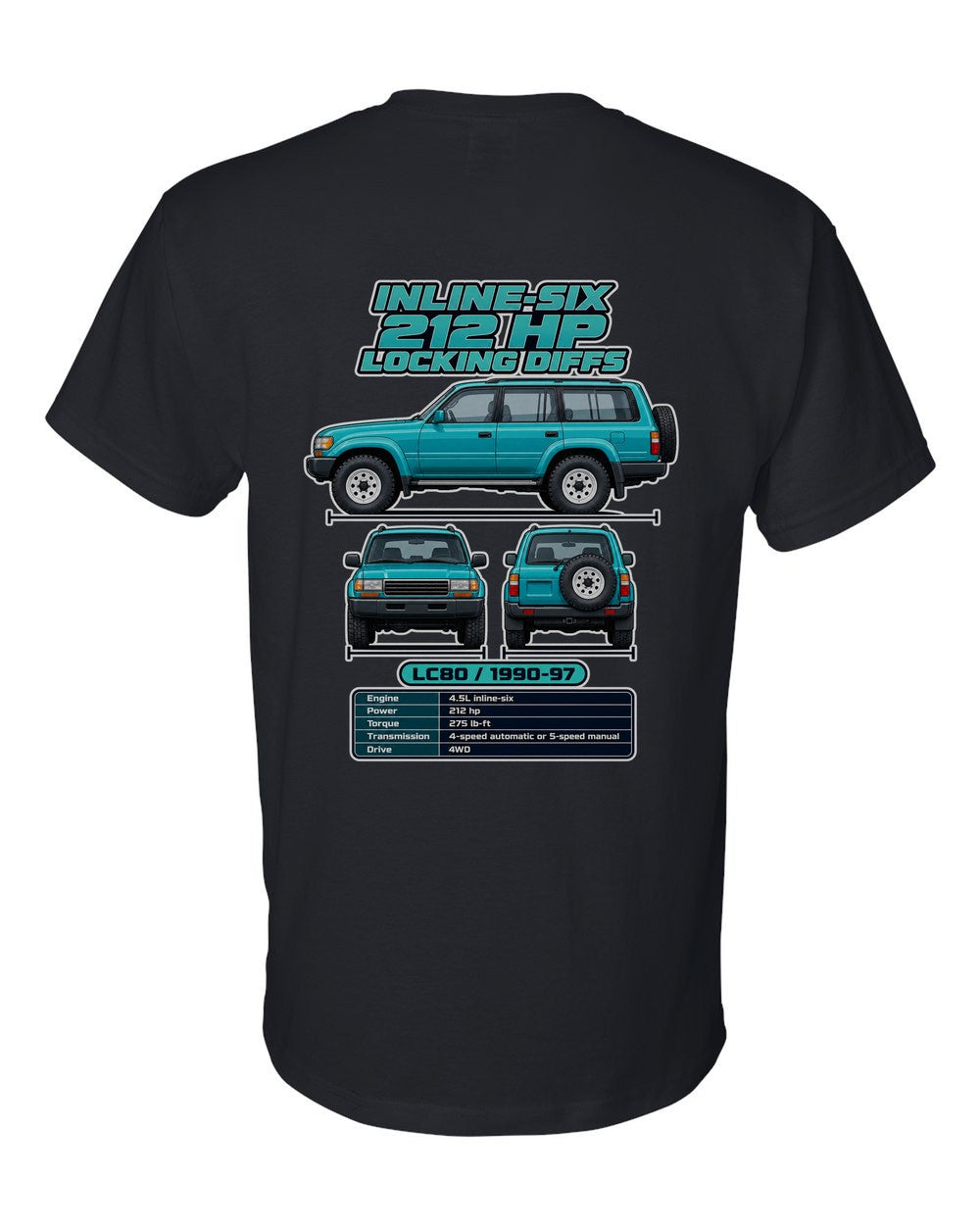 Toyota Land Cruiser 80 spec sheet black t-shirt back view with the design