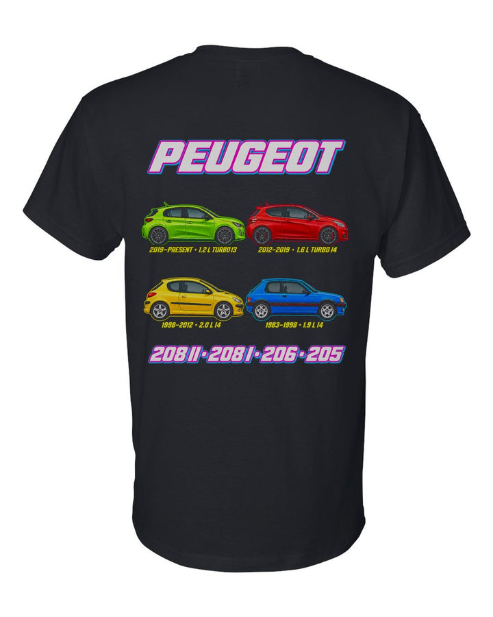 Peugeot 205 evolution poster black t-shirt back view with the design
