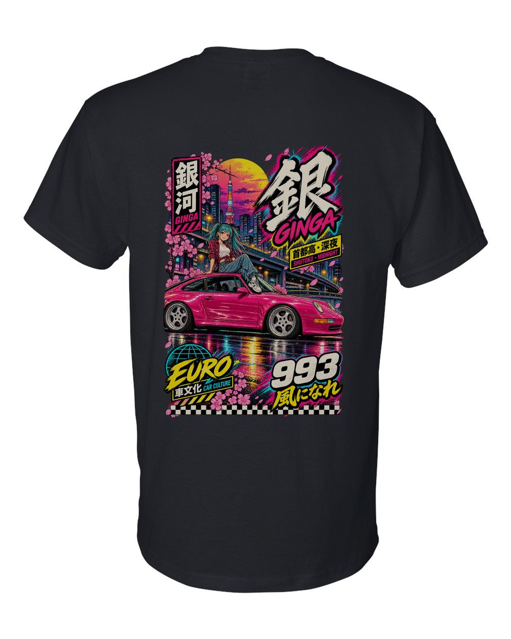 GINGA 993 full-back artwork black t-shirt back view with the design