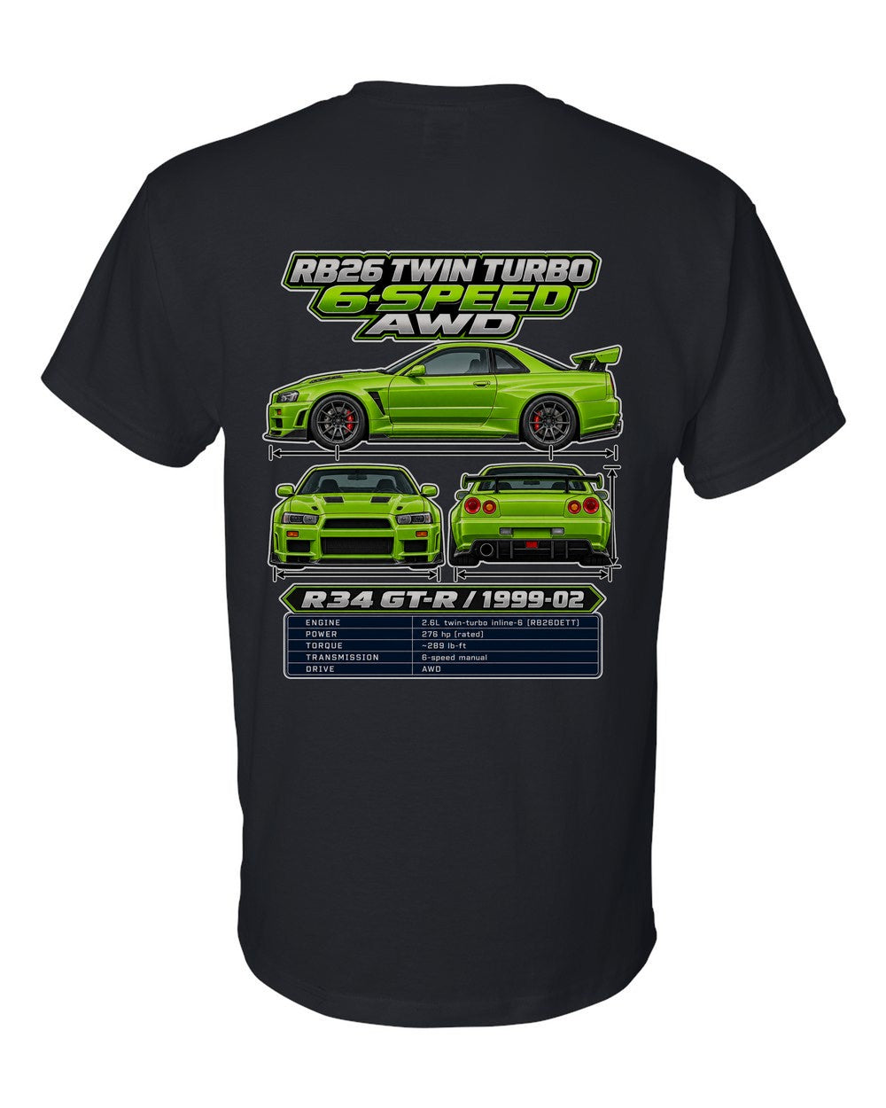 Nissan Skyline Gt R R34 spec sheet black t-shirt back view with the design