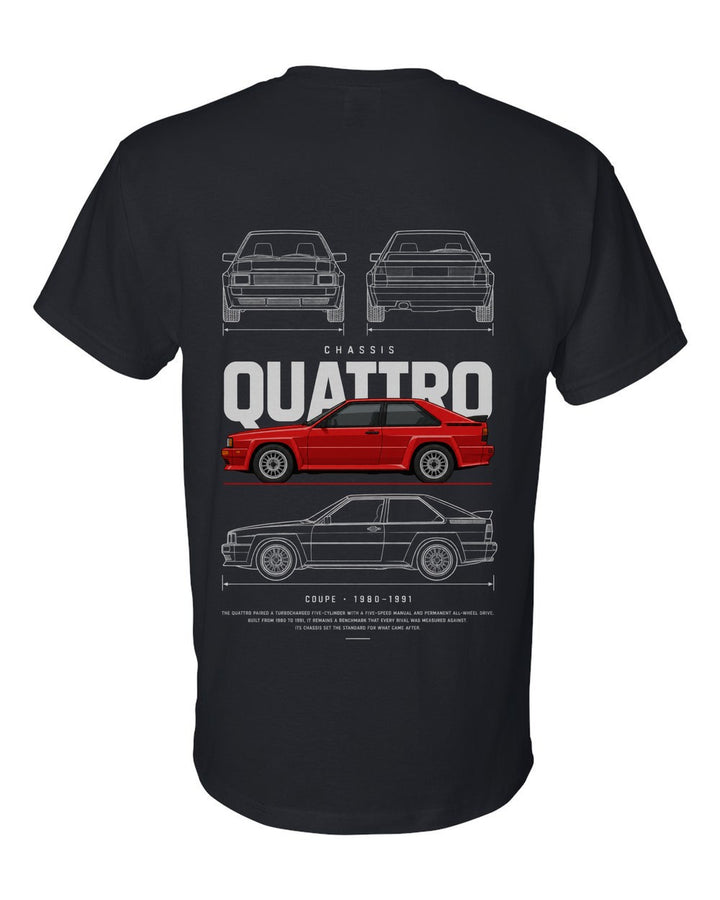 QUATTRO full-back artwork black t-shirt back view with the design