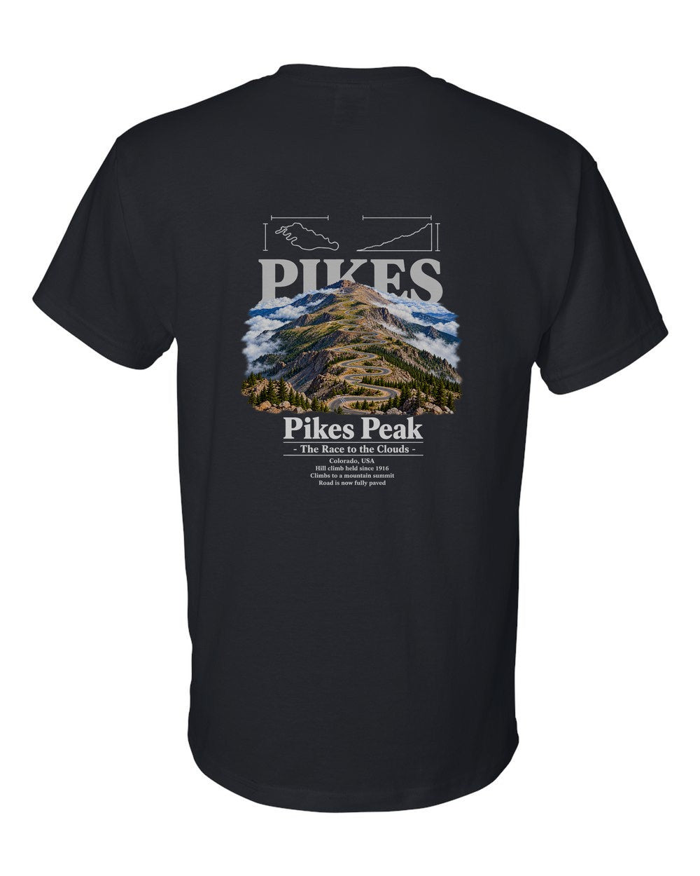 Pikes Peak black t-shirt back view with the design