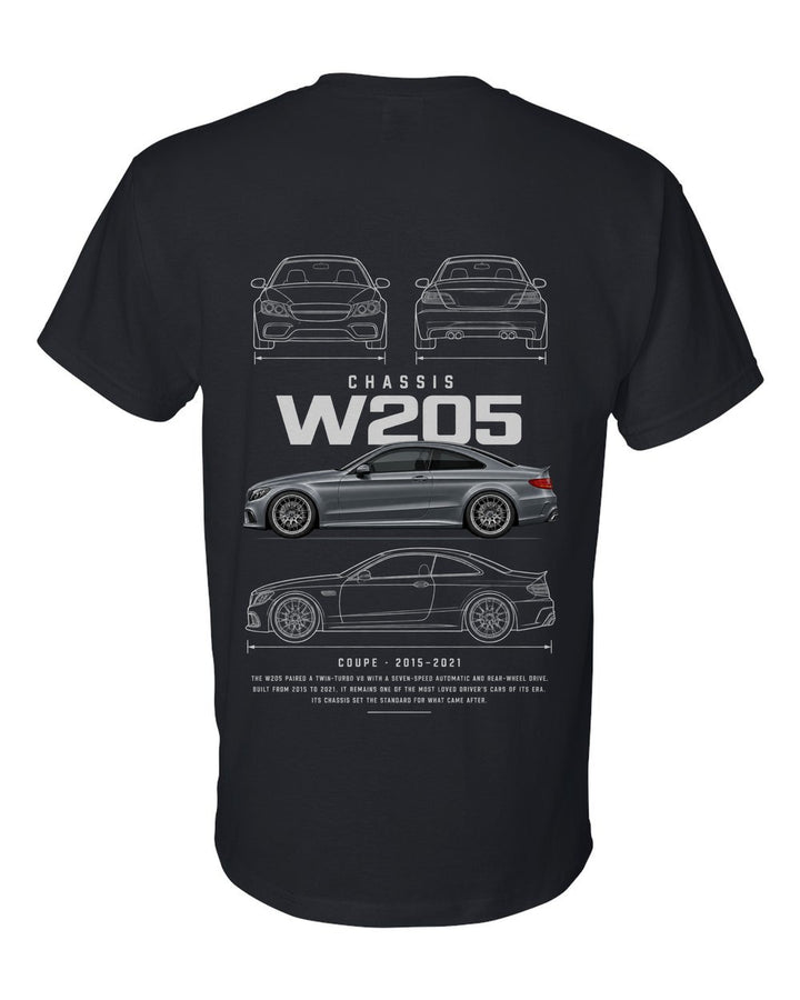 W205 full-back artwork black t-shirt back view with the design