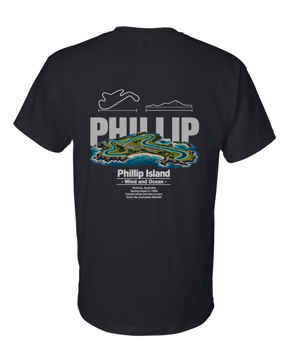Phillip Island black t-shirt back view with the design