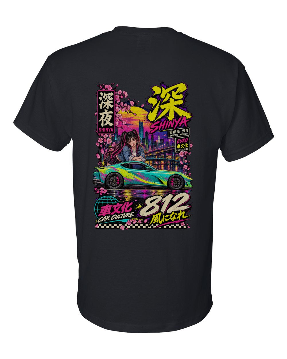 SHINYA 812 full-back artwork black t-shirt back view with the design