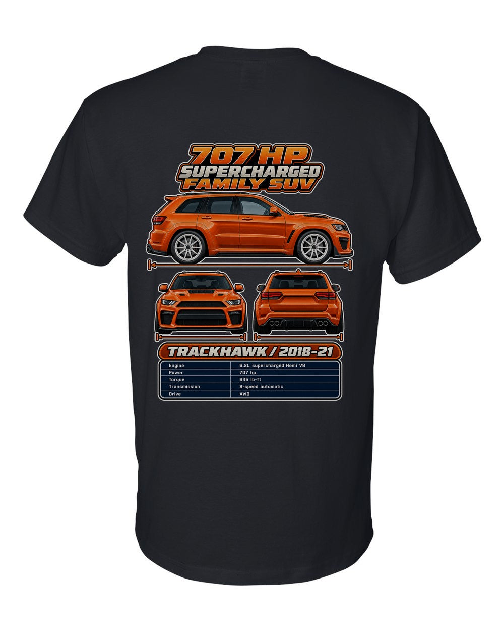 Jeep Grand Cherokee Trackhawk spec sheet black t-shirt back view with the design