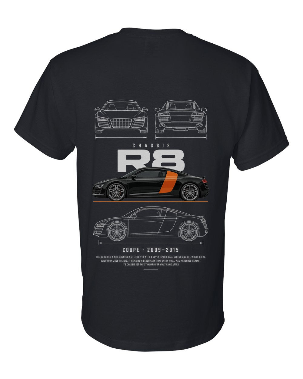 R8 full-back artwork black t-shirt back view with the design