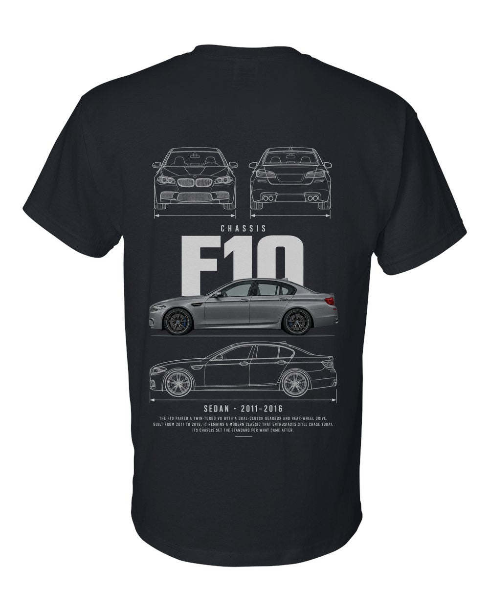 F10 full-back artwork black t-shirt back view with the design