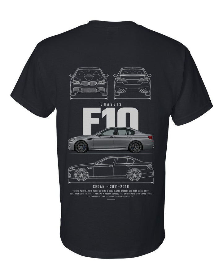 F10 full-back artwork black t-shirt back view with the design
