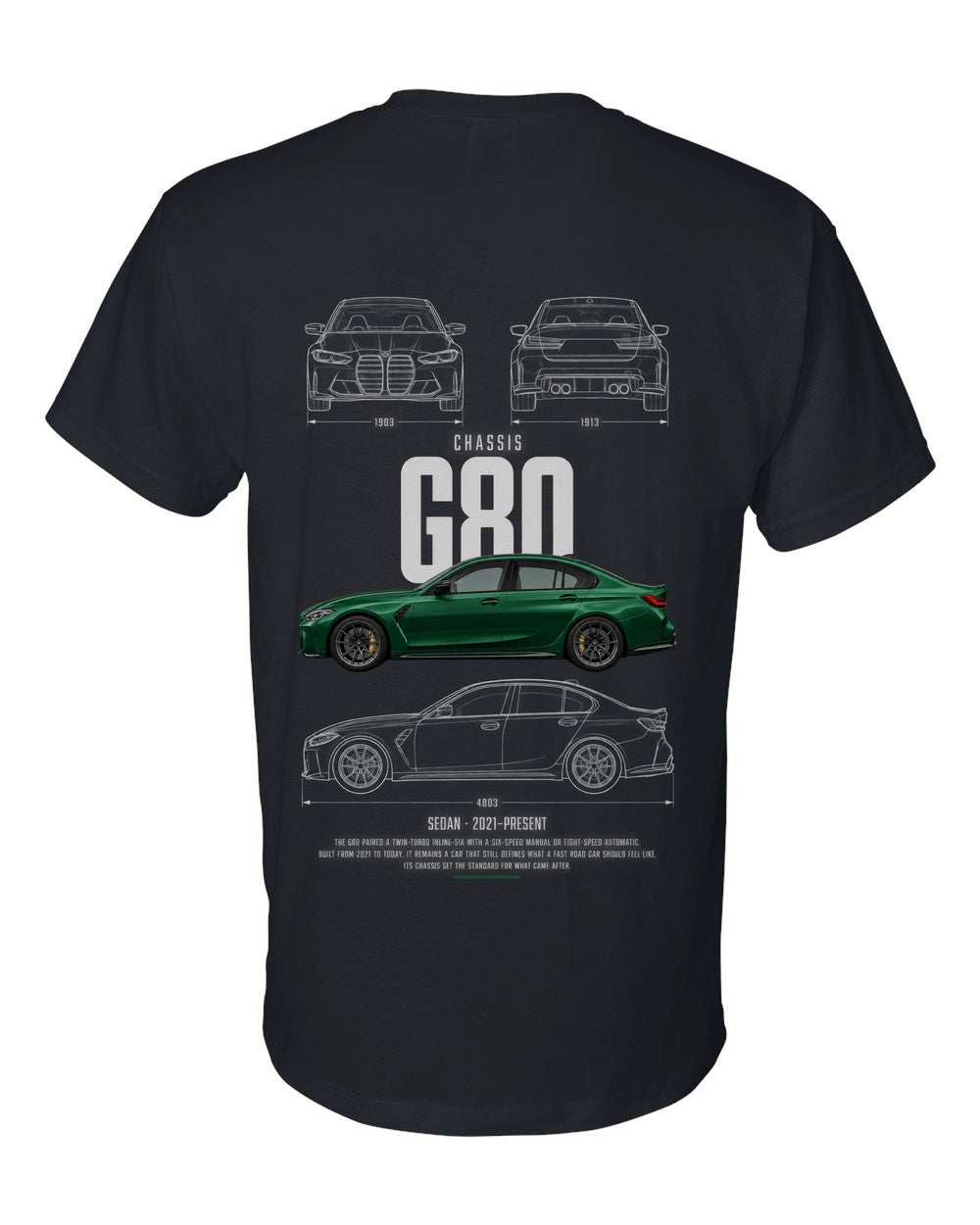 G80 full-back artwork black t-shirt back view with the design