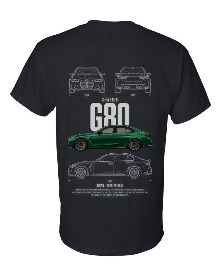 G80 full-back artwork black t-shirt back view with the design
