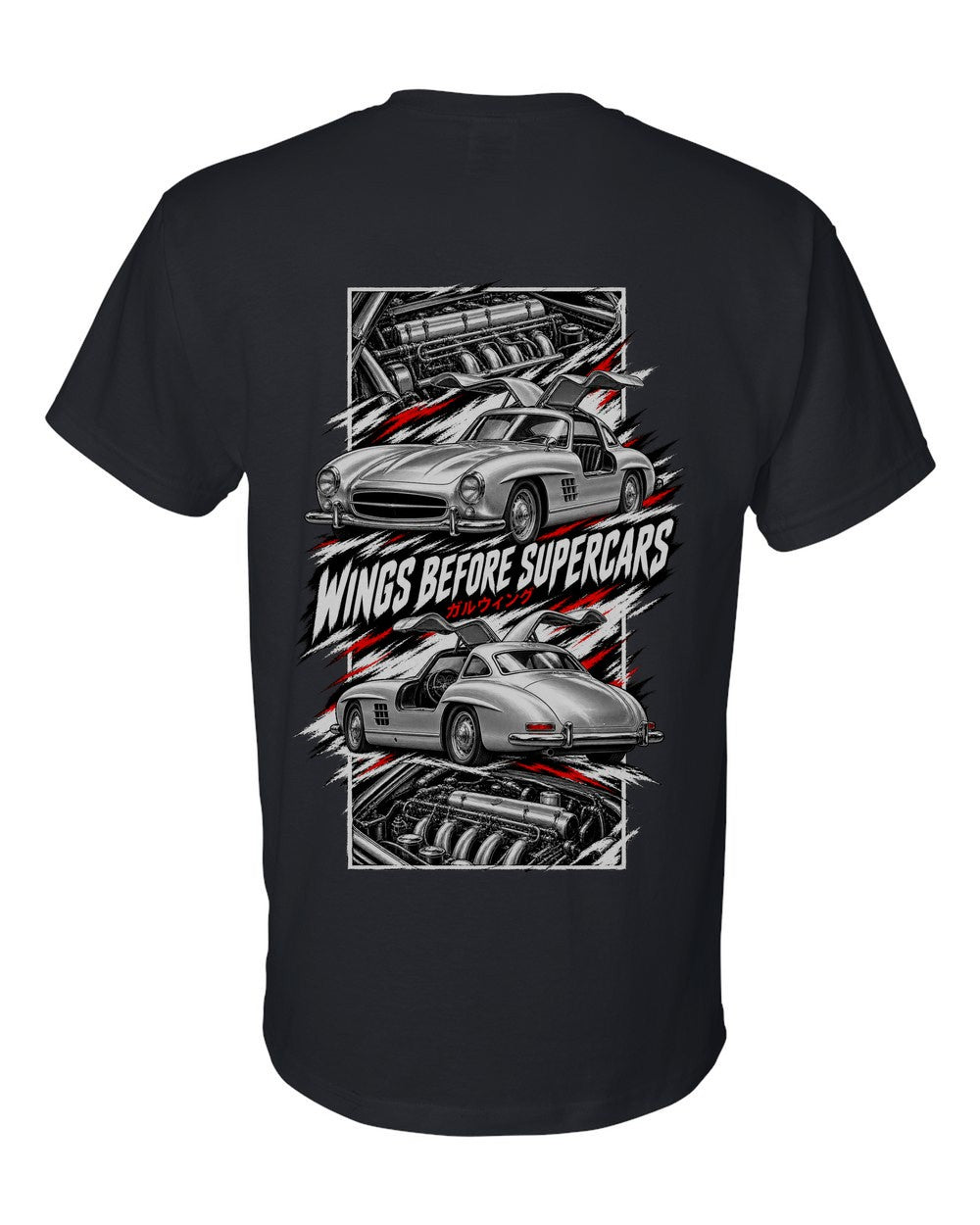 Mercedes 300 Sl torn poster black t-shirt back view with the design
