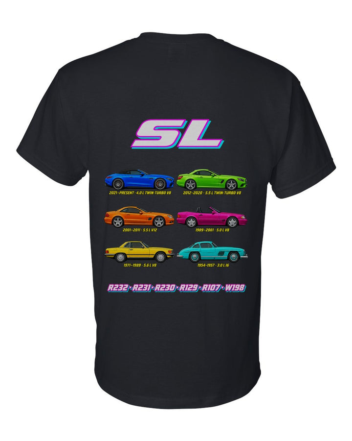 Mercedes SL evolution poster black t-shirt back view with the design