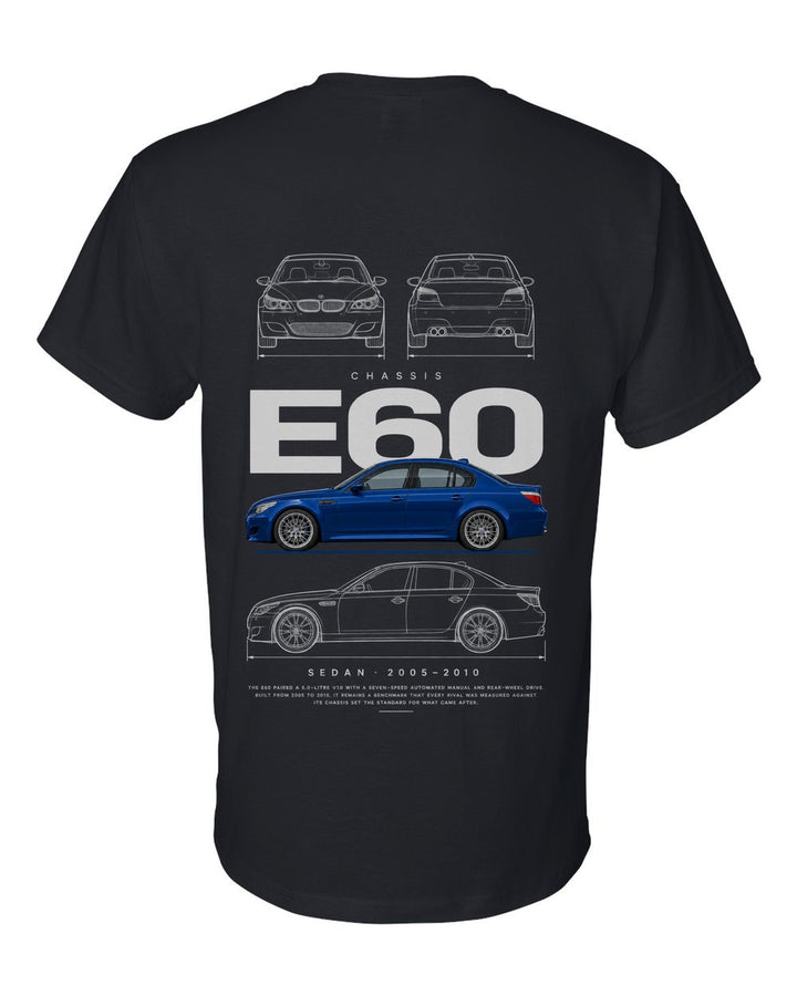 E60 full-back artwork black t-shirt back view with the design
