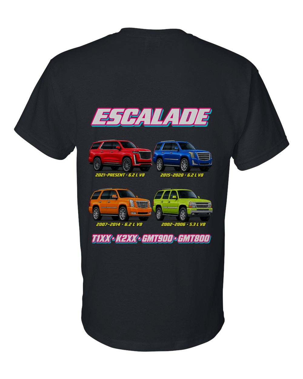 Cadillac Escalade evolution poster black t-shirt back view with the design