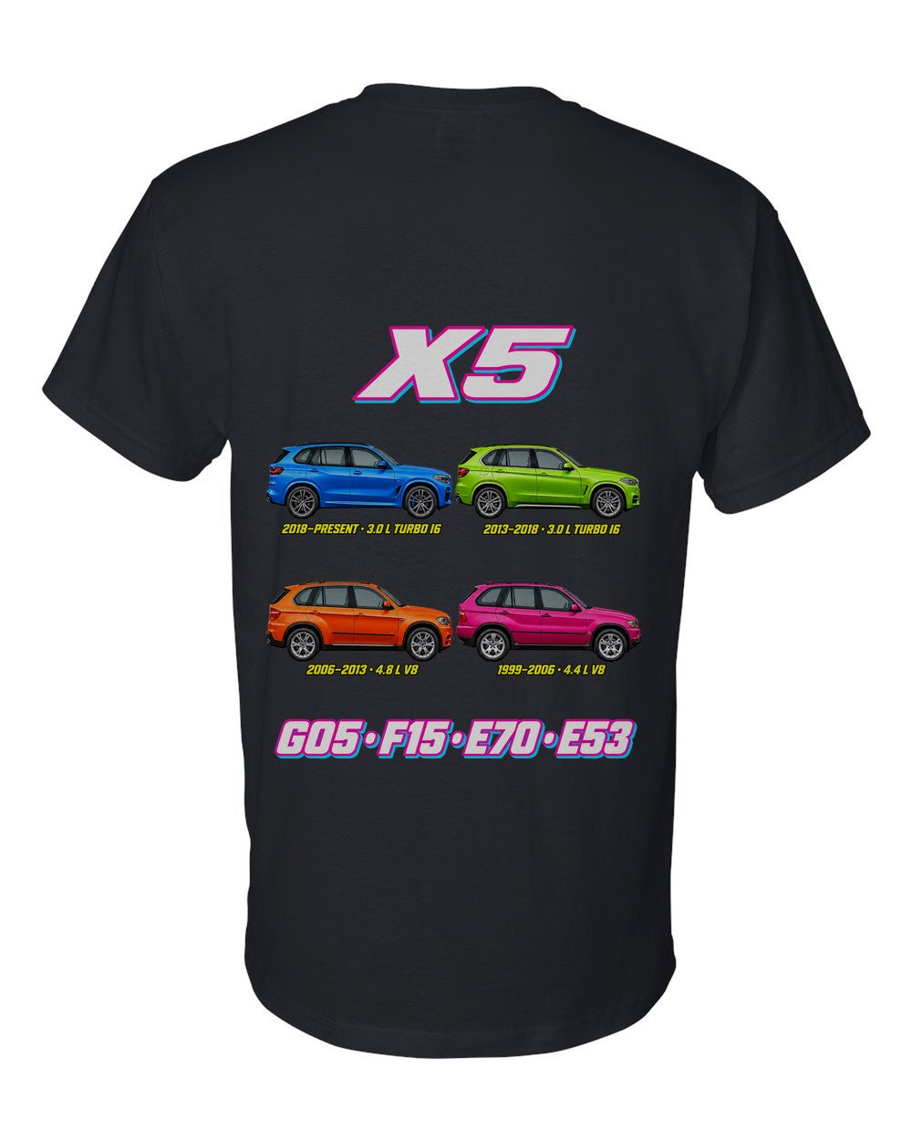 BMW X5 evolution poster black t-shirt back view with the design