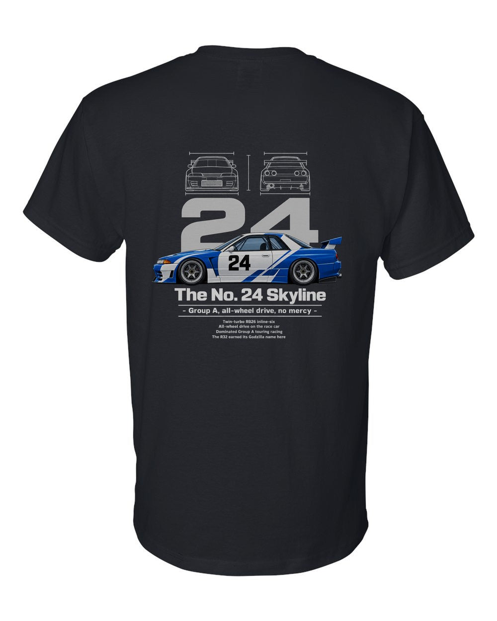 No. 24 Skyline black t-shirt back view with the design
