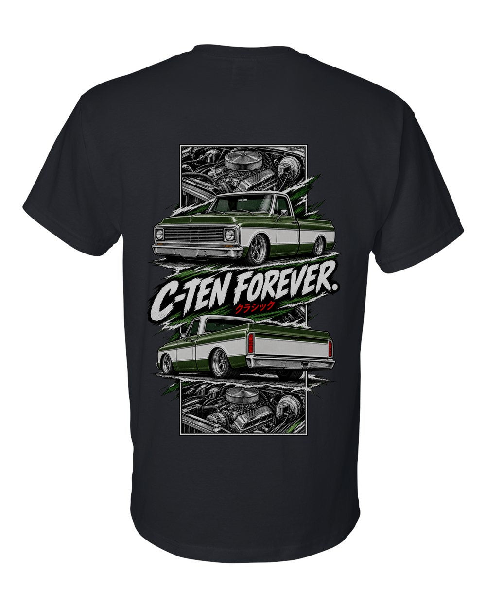 Chevy C10 1972 torn poster black t-shirt back view with the design