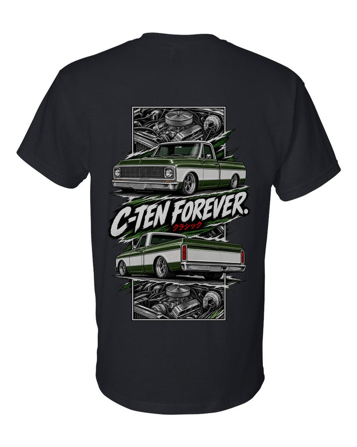 Chevy C10 1972 torn poster black t-shirt back view with the design