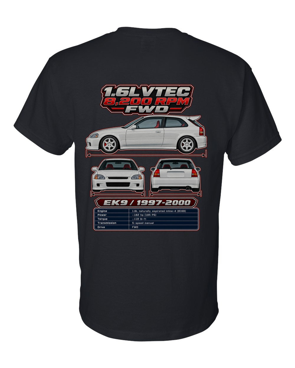 Honda Civic Type R Ek9 spec sheet black t-shirt back view with the design