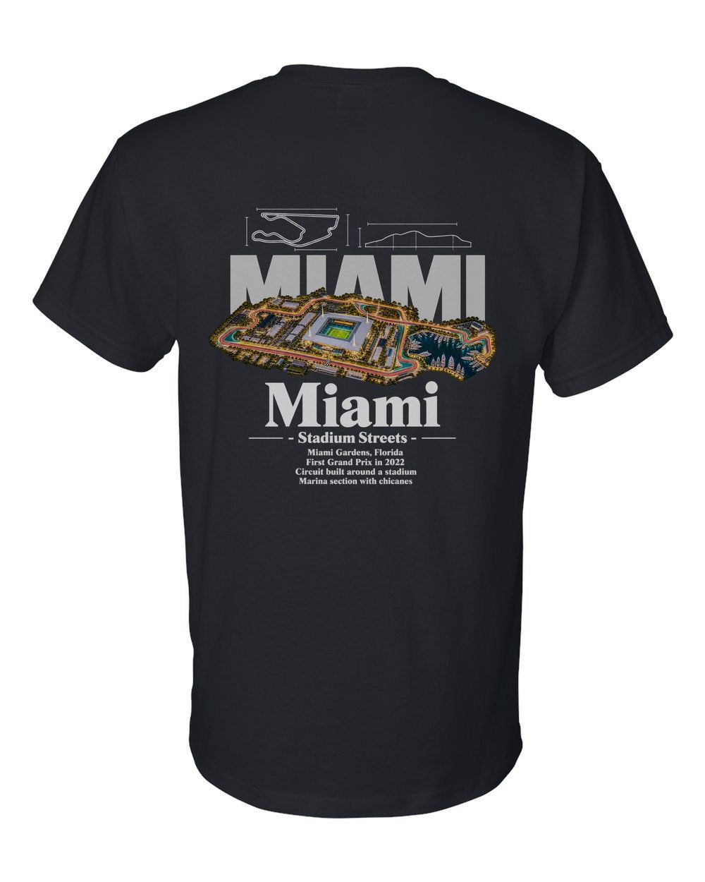 Miami black t-shirt back view with the design