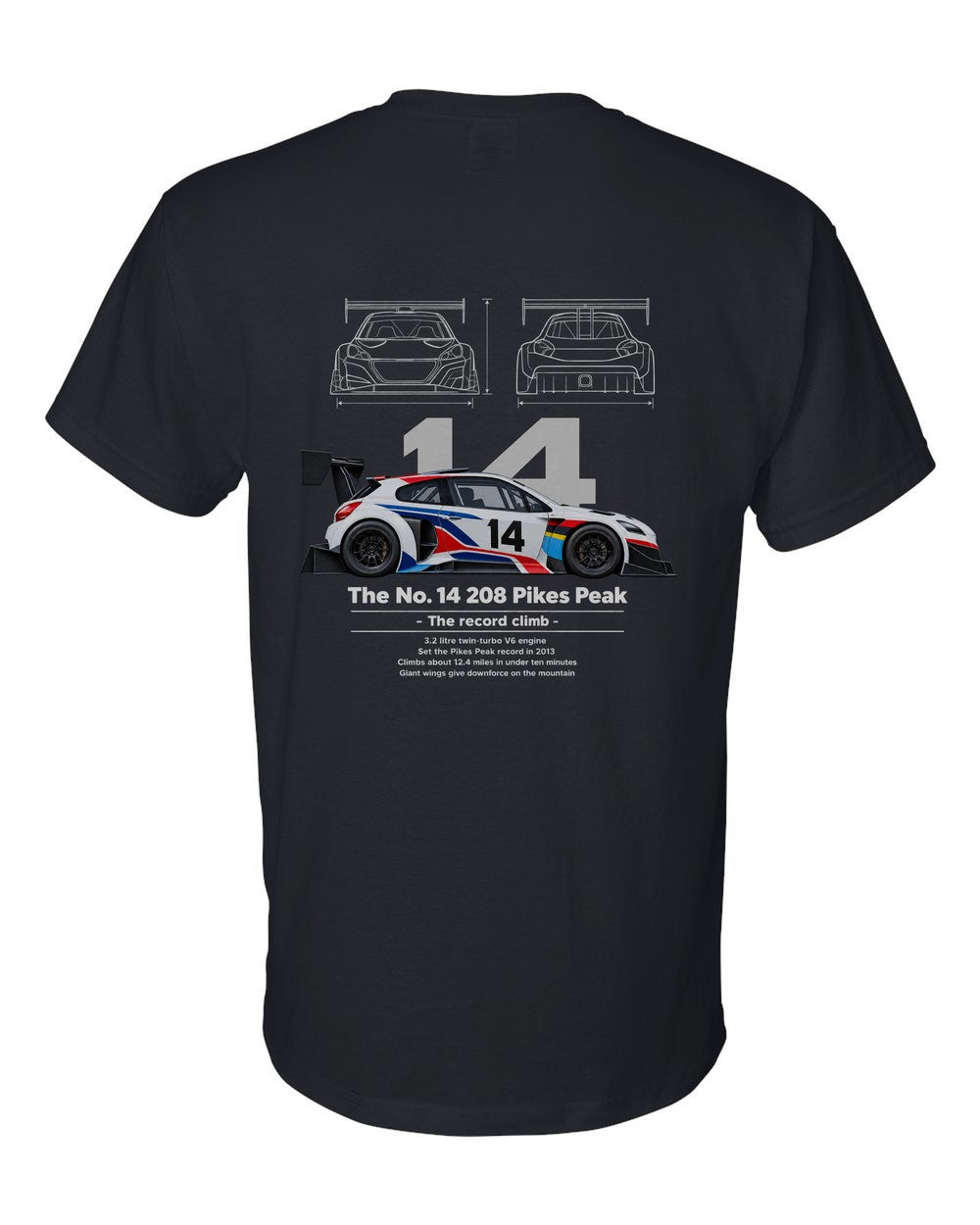 No. 14 208 Pikes Peak black t-shirt back view with the design