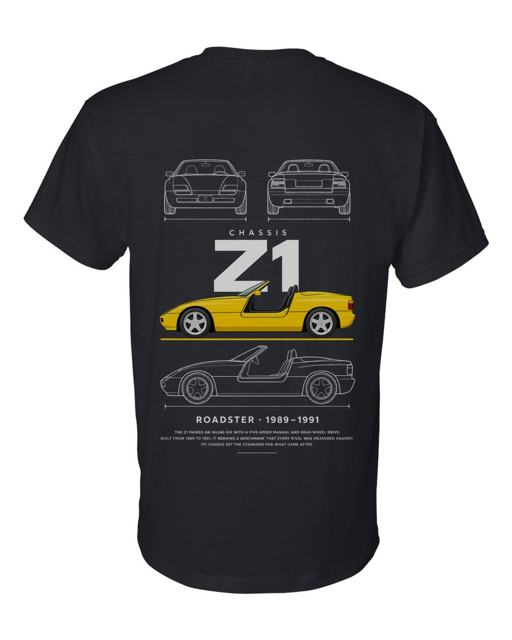 Z1 full-back artwork black t-shirt back view with the design