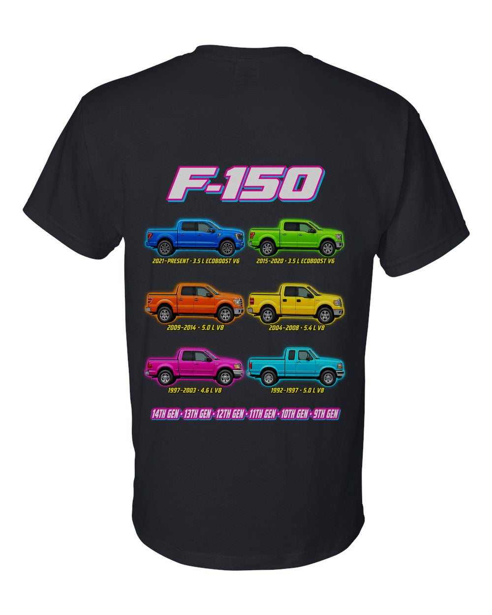 Ford F-150 evolution poster black t-shirt back view with the design