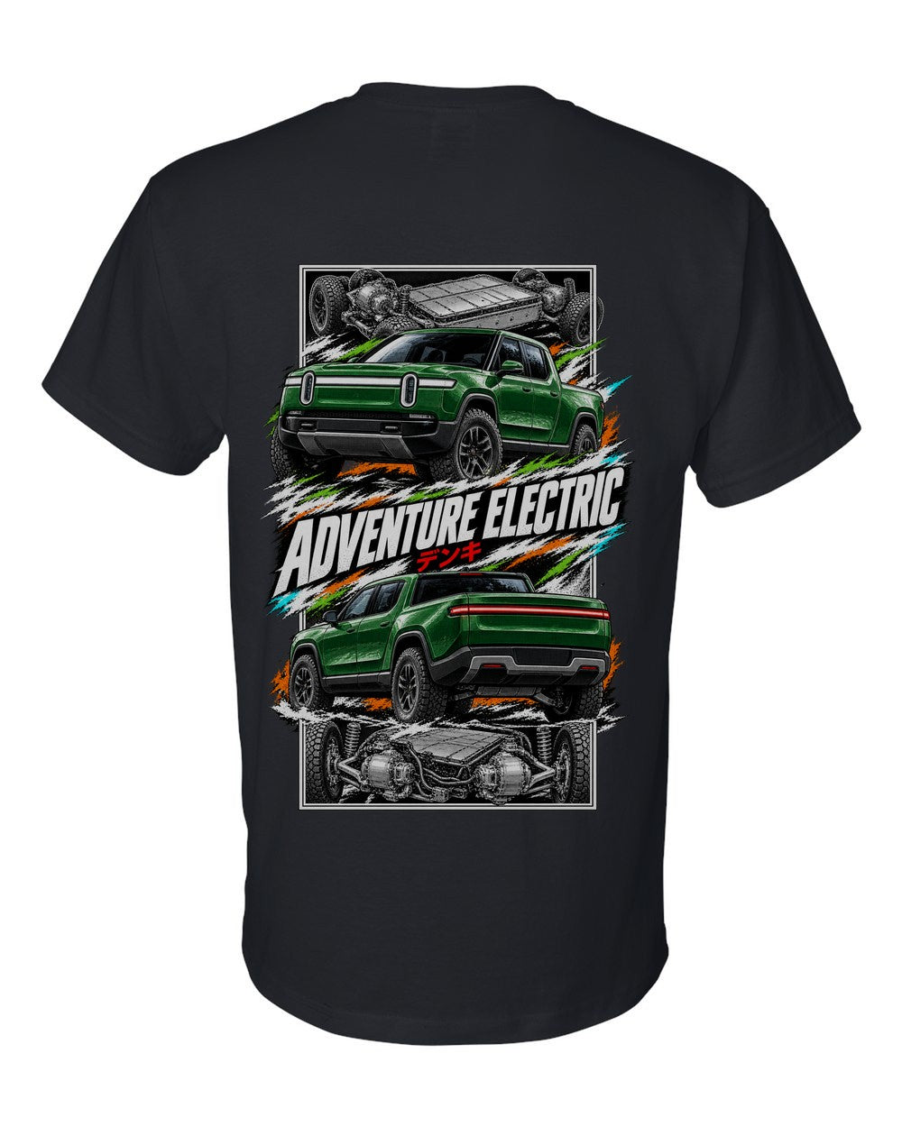Rivian R1T torn poster black t-shirt back view with the design