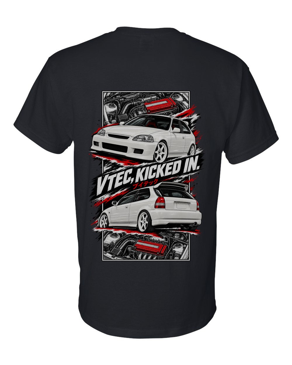 Honda Civic Ek9 torn poster black t-shirt back view with the design