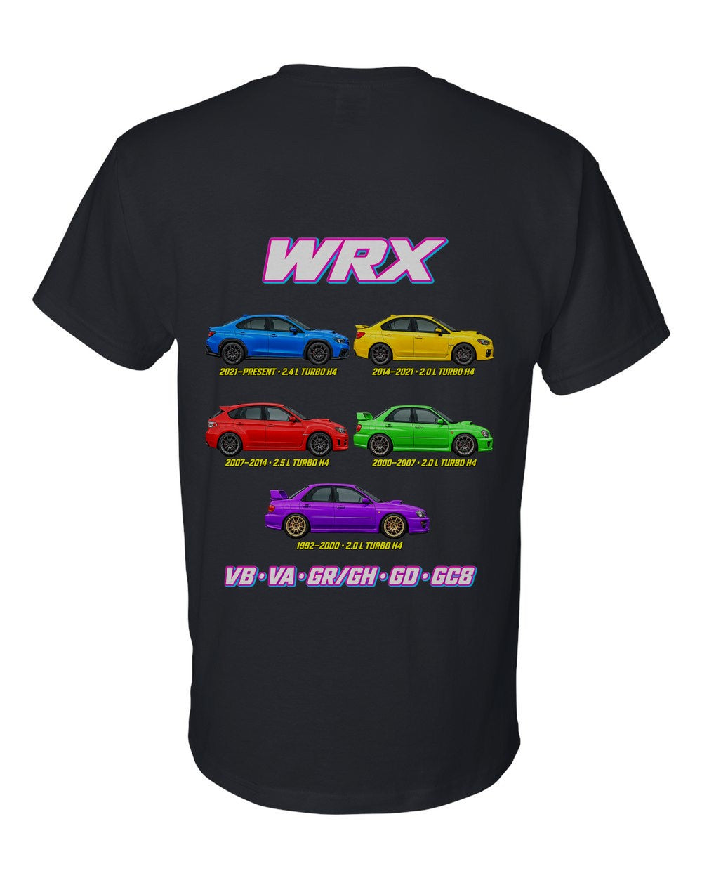 Subaru WRX evolution poster black t-shirt back view with the design
