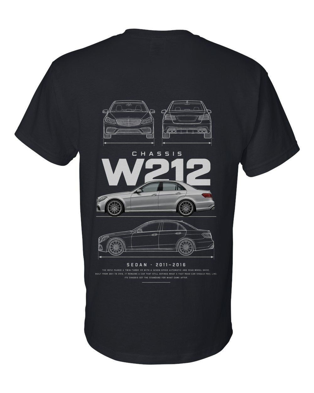 W212 full-back artwork black t-shirt back view with the design