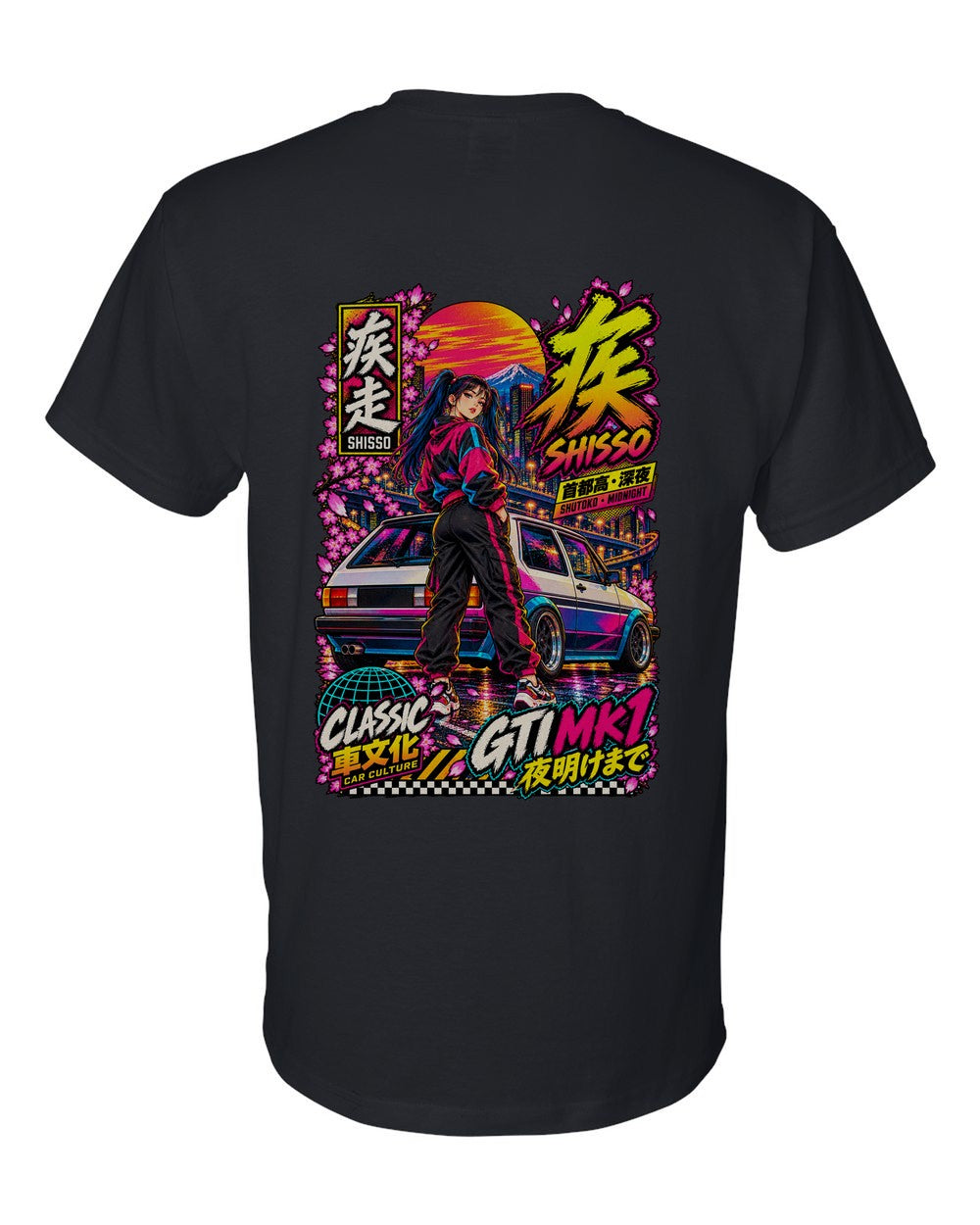 SHISSO GTI MK1 full-back artwork black t-shirt back view with the design