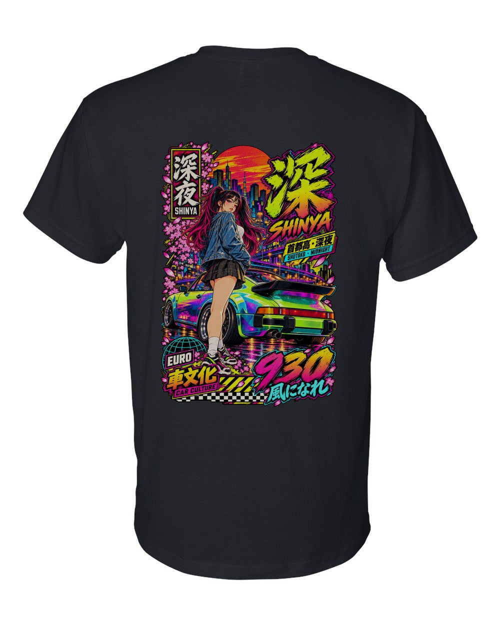 SHINYA 930 full-back artwork black t-shirt back view with the design