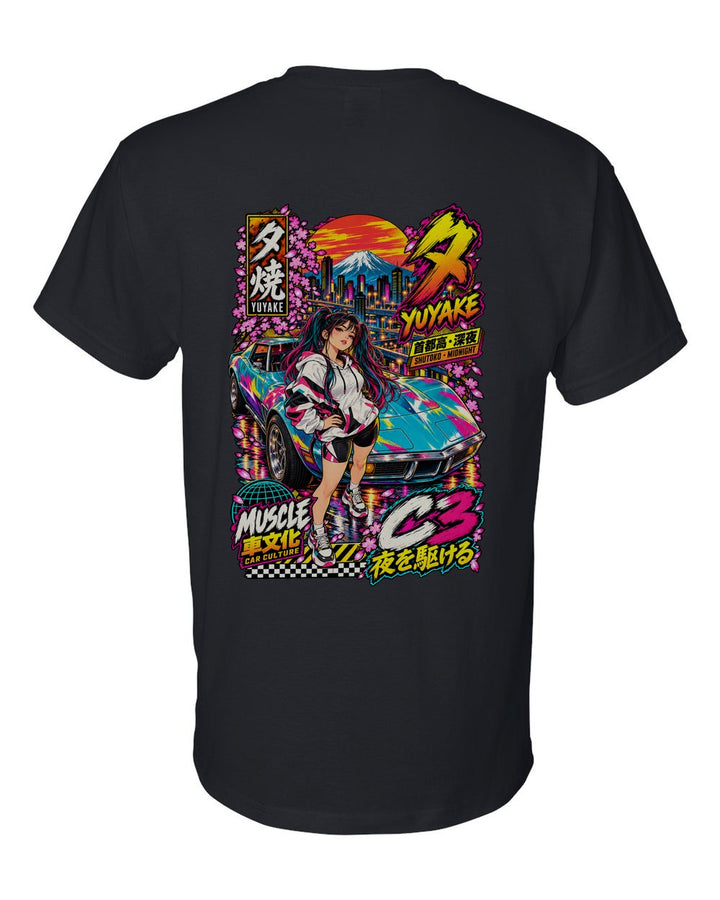 YUYAKE C3 full-back artwork black t-shirt back view with the design