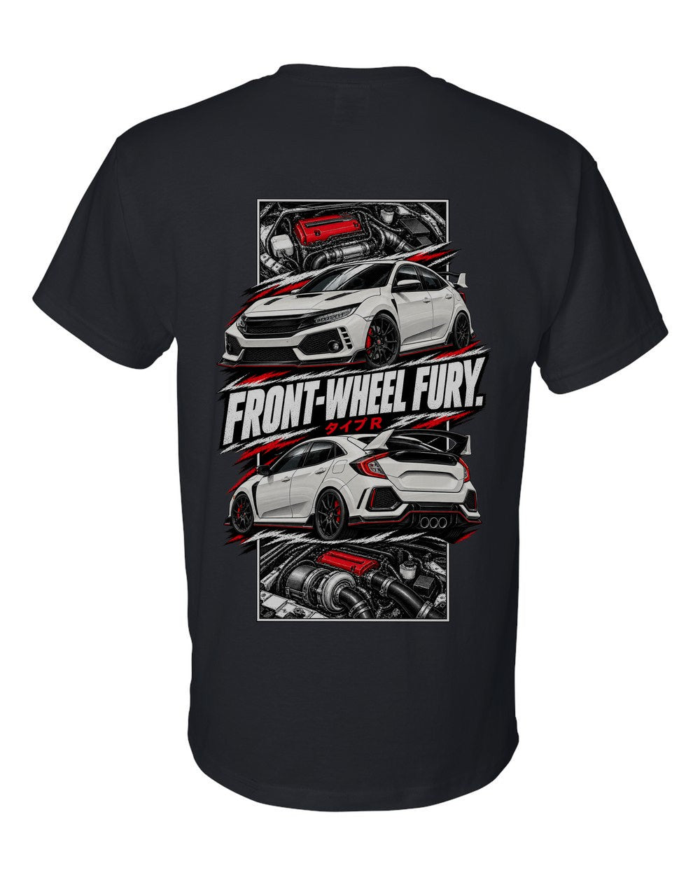 Honda Civic Fk8 torn poster black t-shirt back view with the design