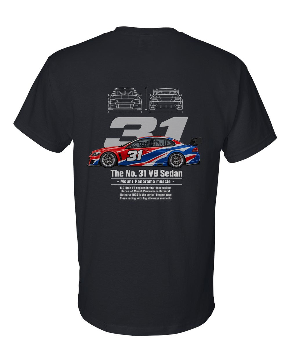 No. 31 V8 Sedan black t-shirt back view with the design
