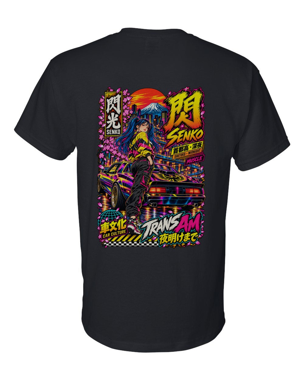 SENKO TRANS AM full-back artwork black t-shirt back view with the design