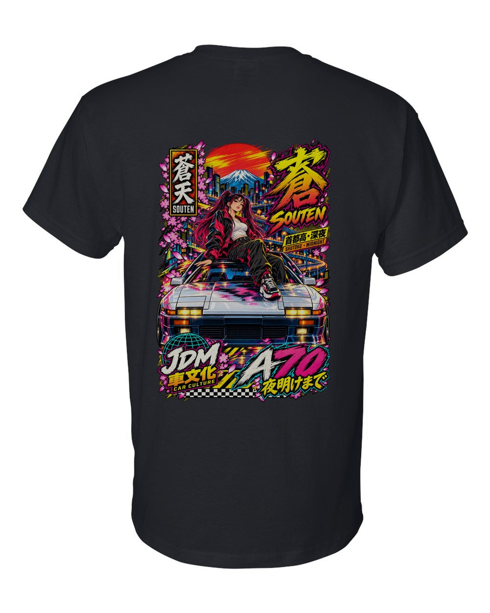 SOUTEN A70 full-back artwork black t-shirt back view with the design