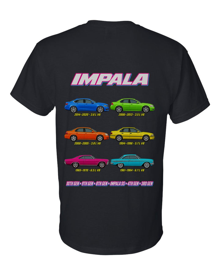 Chevy Impala evolution poster black t-shirt back view with the design