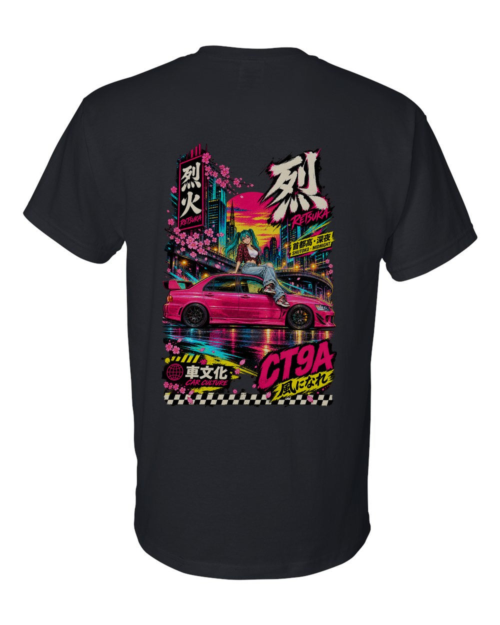 RETSUKA CT9A full-back artwork black t-shirt back view with the design