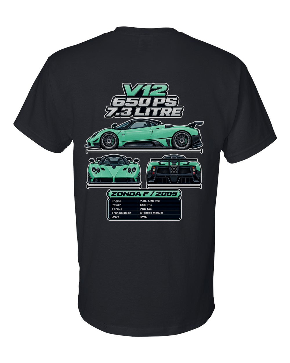 Pagani Zonda F spec sheet black t-shirt back view with the design
