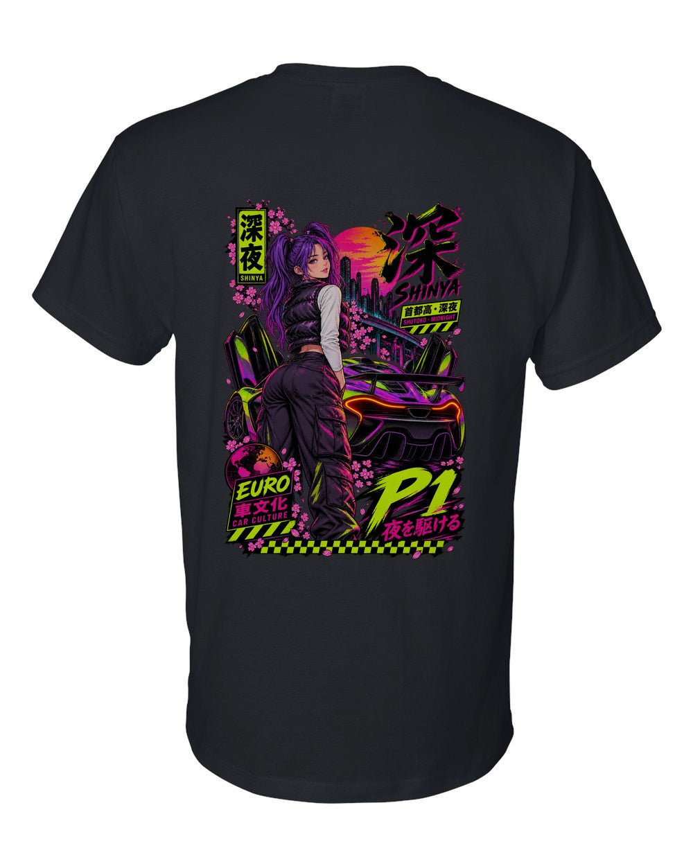SHINYA P1 full-back artwork black t-shirt back view with the design