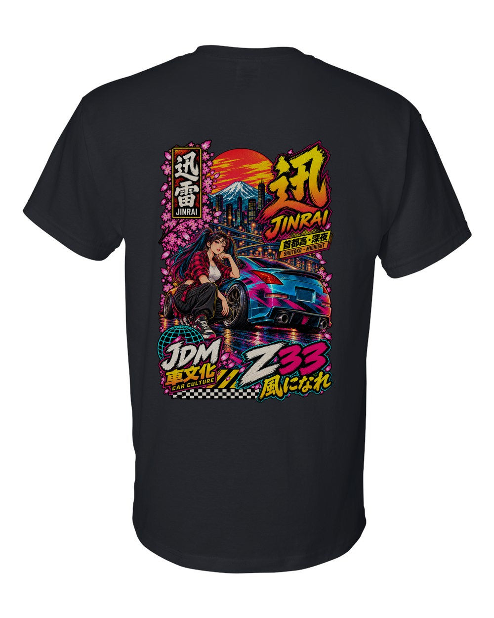 JINRAI Z33 full-back artwork black t-shirt back view with the design