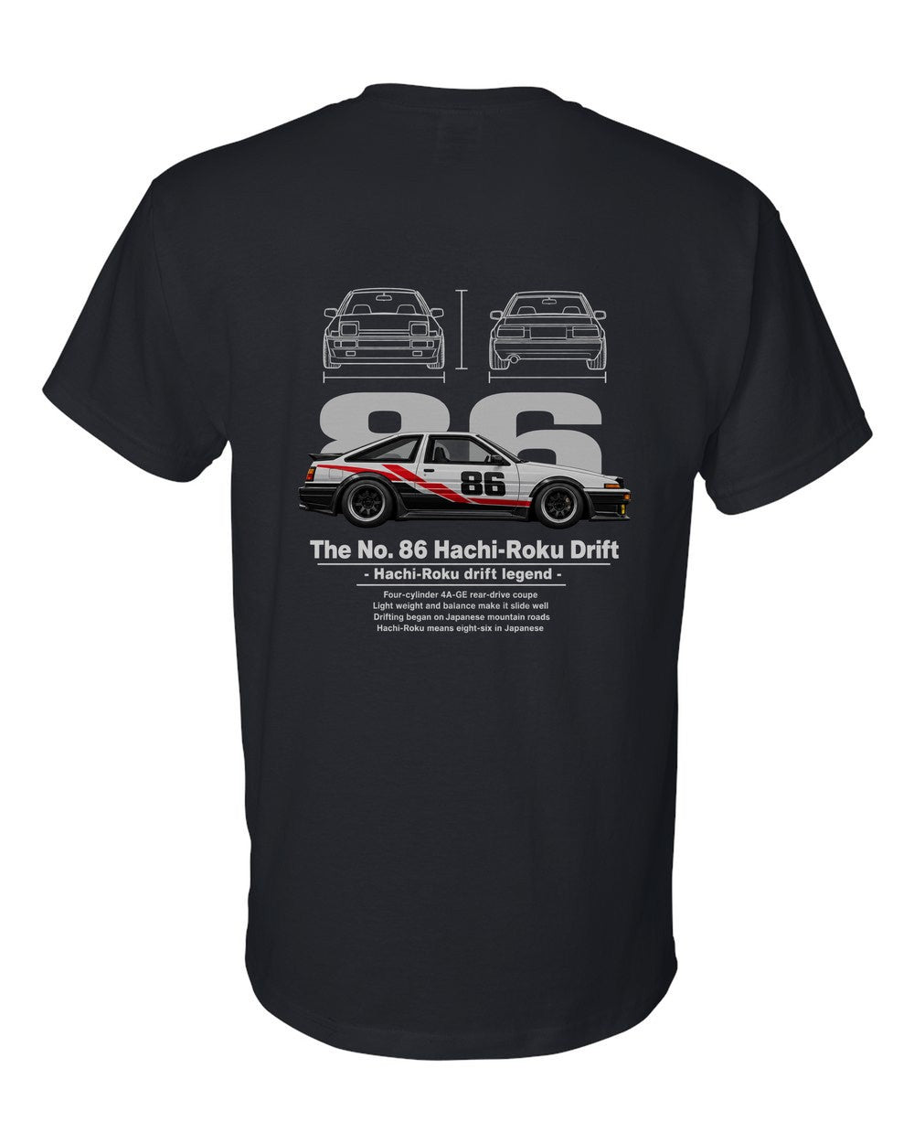 No. 86 Hachi-Roku Drift black t-shirt back view with the design