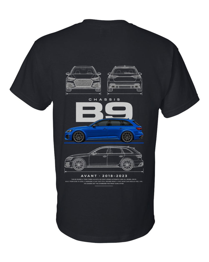 B9 full-back artwork black t-shirt back view with the design