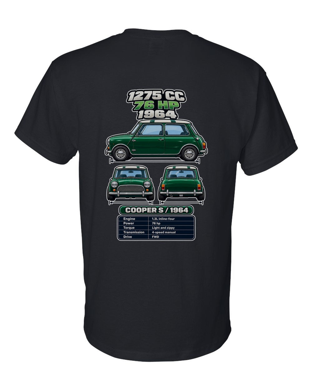 Classic Mini Cooper S spec sheet black t-shirt back view with the design